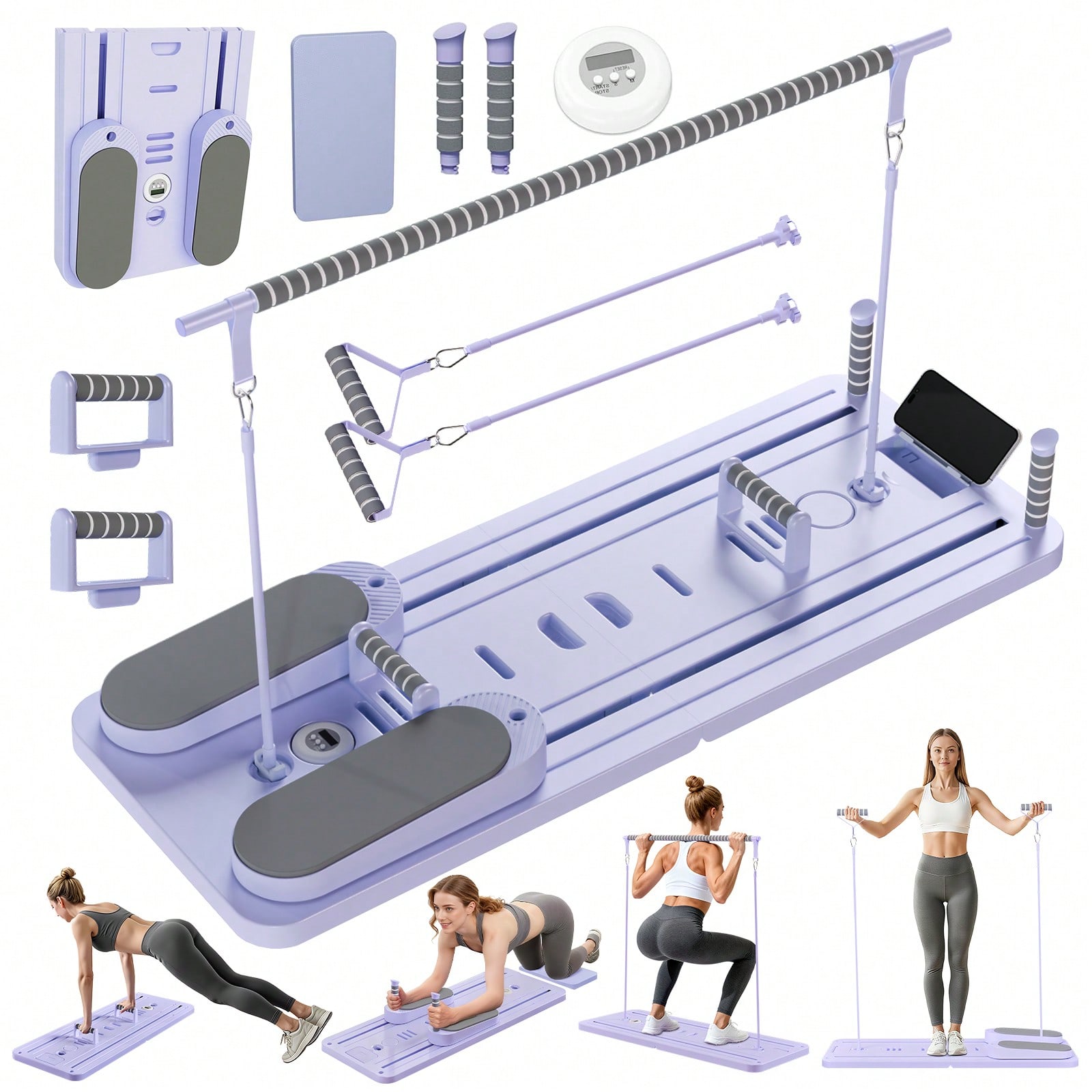 Pilates & Yoga Vertebrasana - バー付きピラティスリフォーマー、スマホホルダー付きピラティスボード、多目的折りたたみ式ピラティスリフォーマーマシン、コア＆腹部トレーニング用ピラティススカルプティングマシン、自宅トレーニング用ポータブルホームピラティススライダーボード、フィットネス、エクササイズ、腹筋トレーニング用