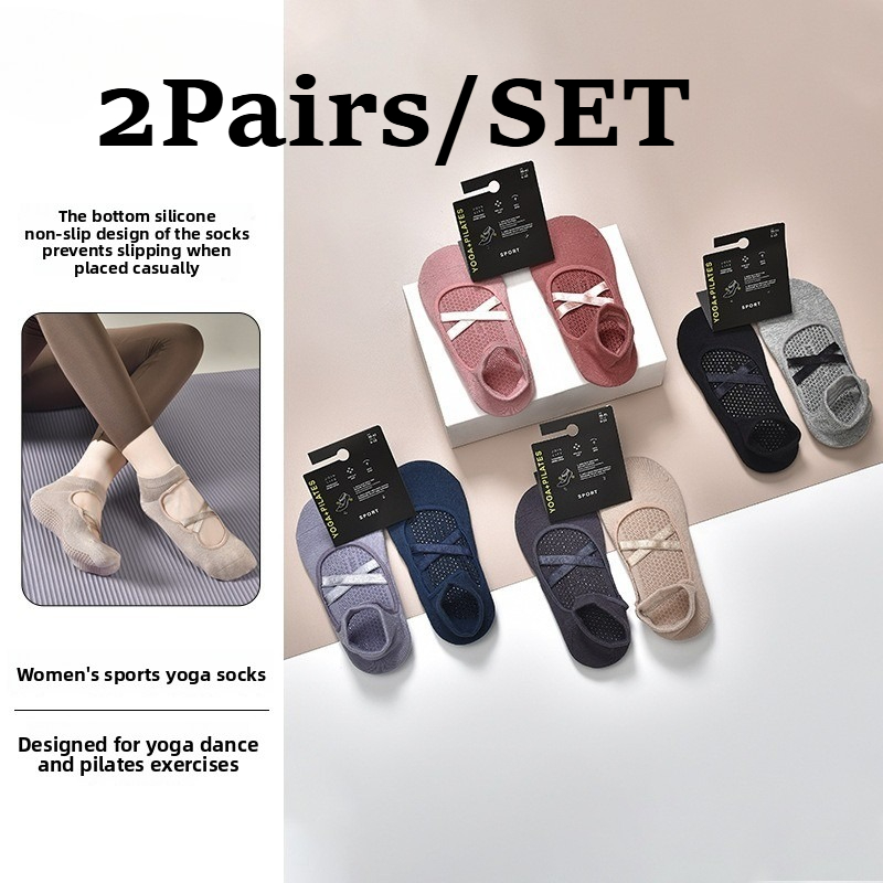 Medias Para Pilates Y Yoga - 2 ペア通気性綿吸汗性ヨガソックスシリコーン滑り止めフロアソックス女性ピラティスフィットネスバレエスポーツソックスセット