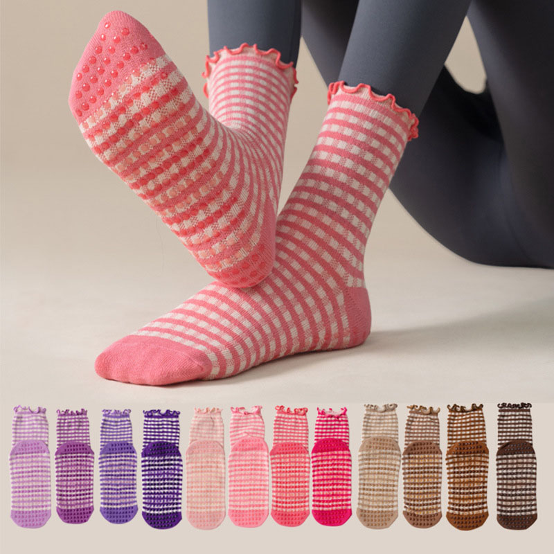 Medias Para Pilates Y Yoga - ピラティスソックス女性用コットンレタスエッジドットシリコン滑り止めグリップクルーヨガソックス