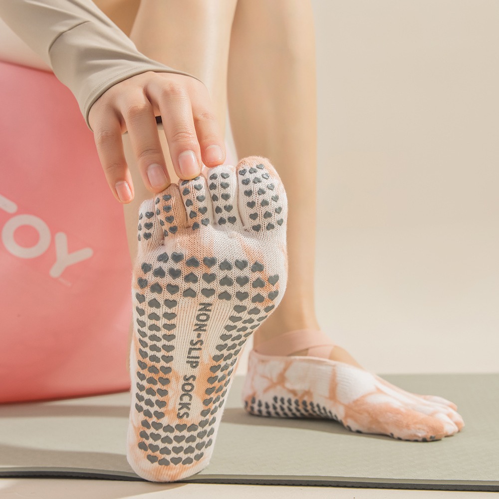 女性用タイダイ柄5本指グリップヨガソックス、ストラップ付きス - Pilates Yoga Grip Socks のレビューと価格
